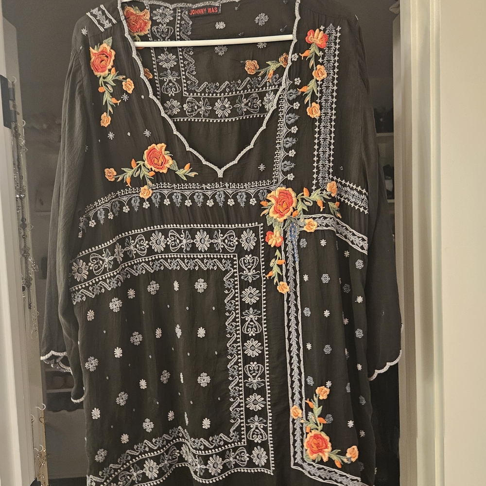 Johnny Was Black Tunic with Orange & Yellow Floral Embroidery
